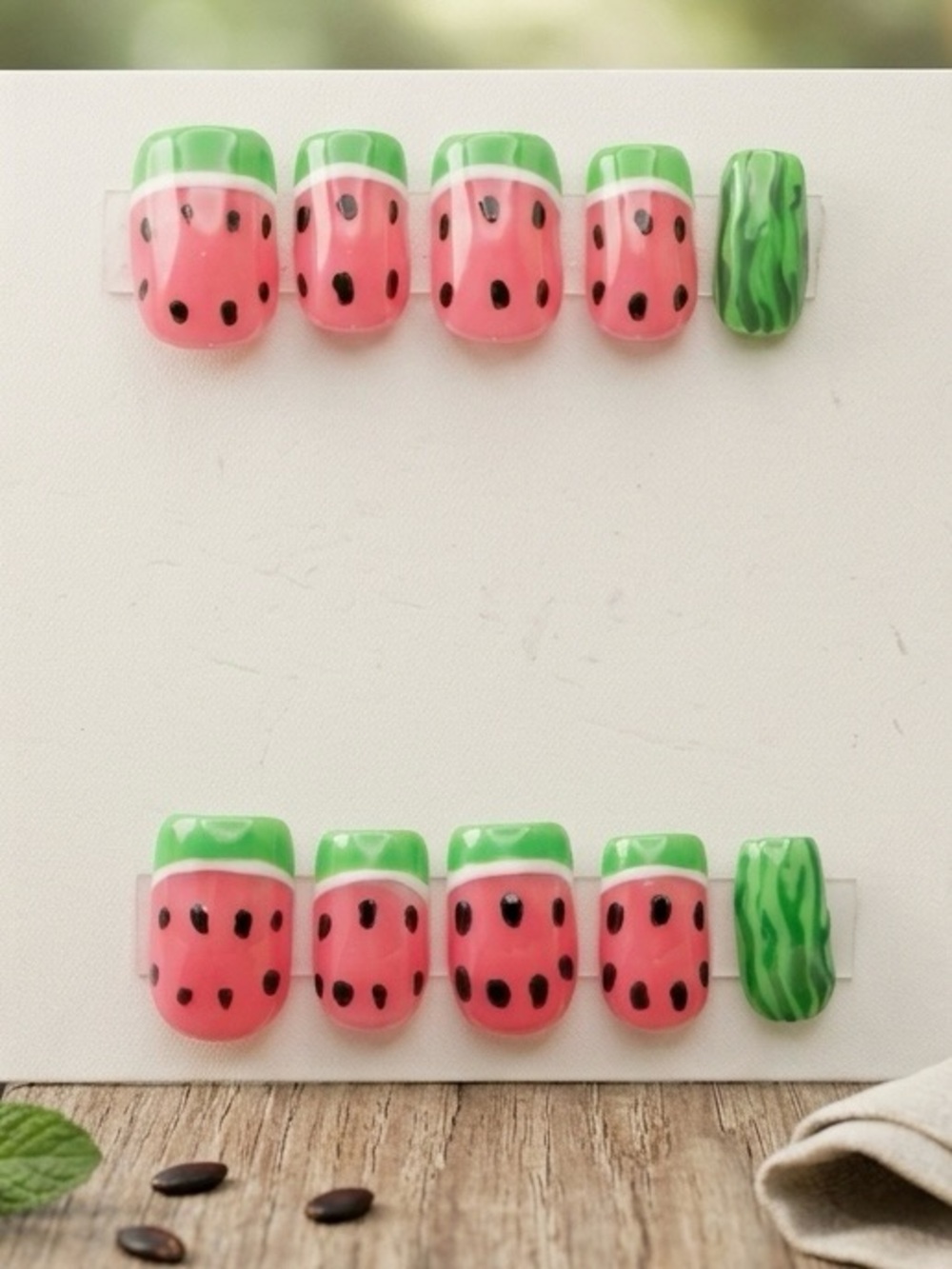 Sz XS Square Watermelon Press-On Nail Set - Pink & Green